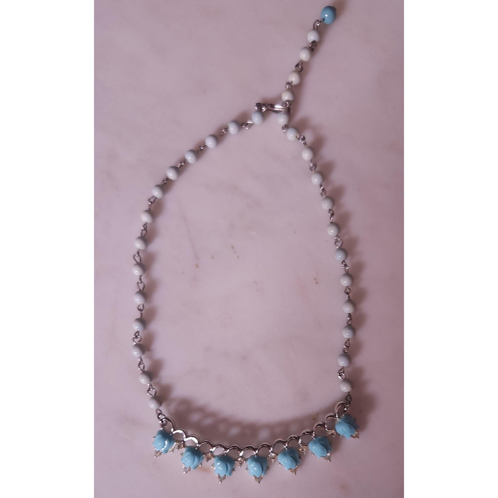 Vintage Turquoise Lucite Tulip Necklace, Rhinestone Floral Statement Jewelry