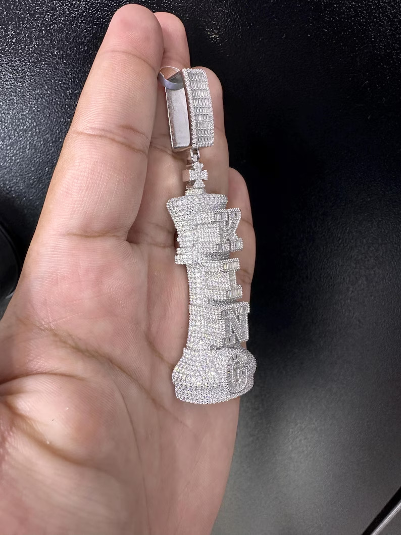 14K White Gold Over Hip-Hop King Chess Pendant 2.0Ct Round Cut Simulated Diamond