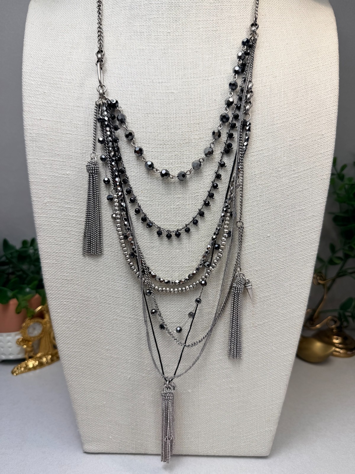 Zara Layered Gunmetal Tassel Multi Strand Statement Necklace NWOT