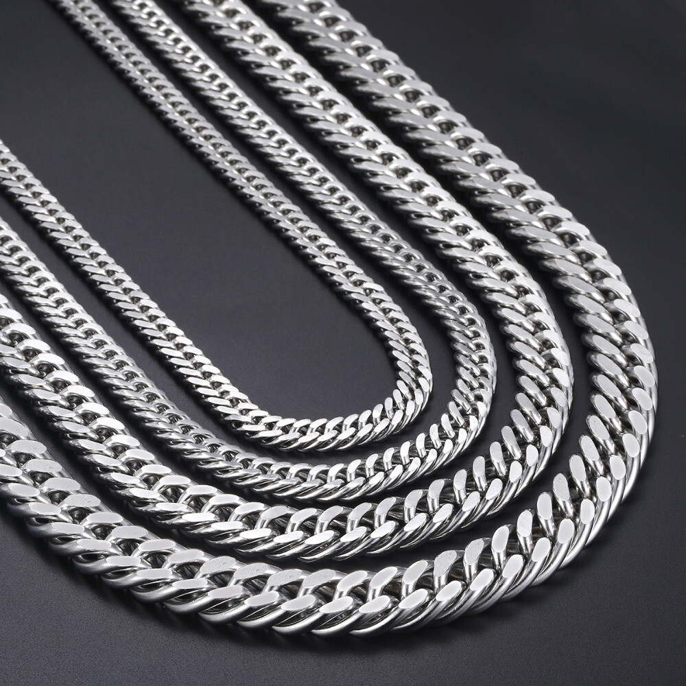 8-18mm Mens Stainless Steel Necklace Silver Color Curb Cuban Link Chain Necklace