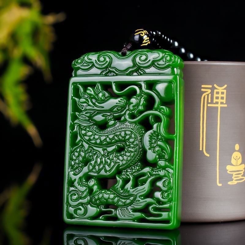 Natural Hotan Jade Jasper Carved Dragon Flying World Pendant Sweater Chain