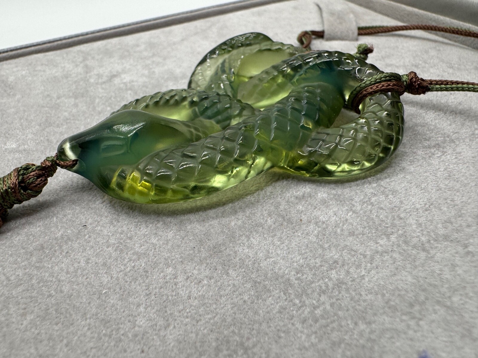 Lalique France Crystal Green Snake Serpent Pendant Silk Cord Necklace w/ Box