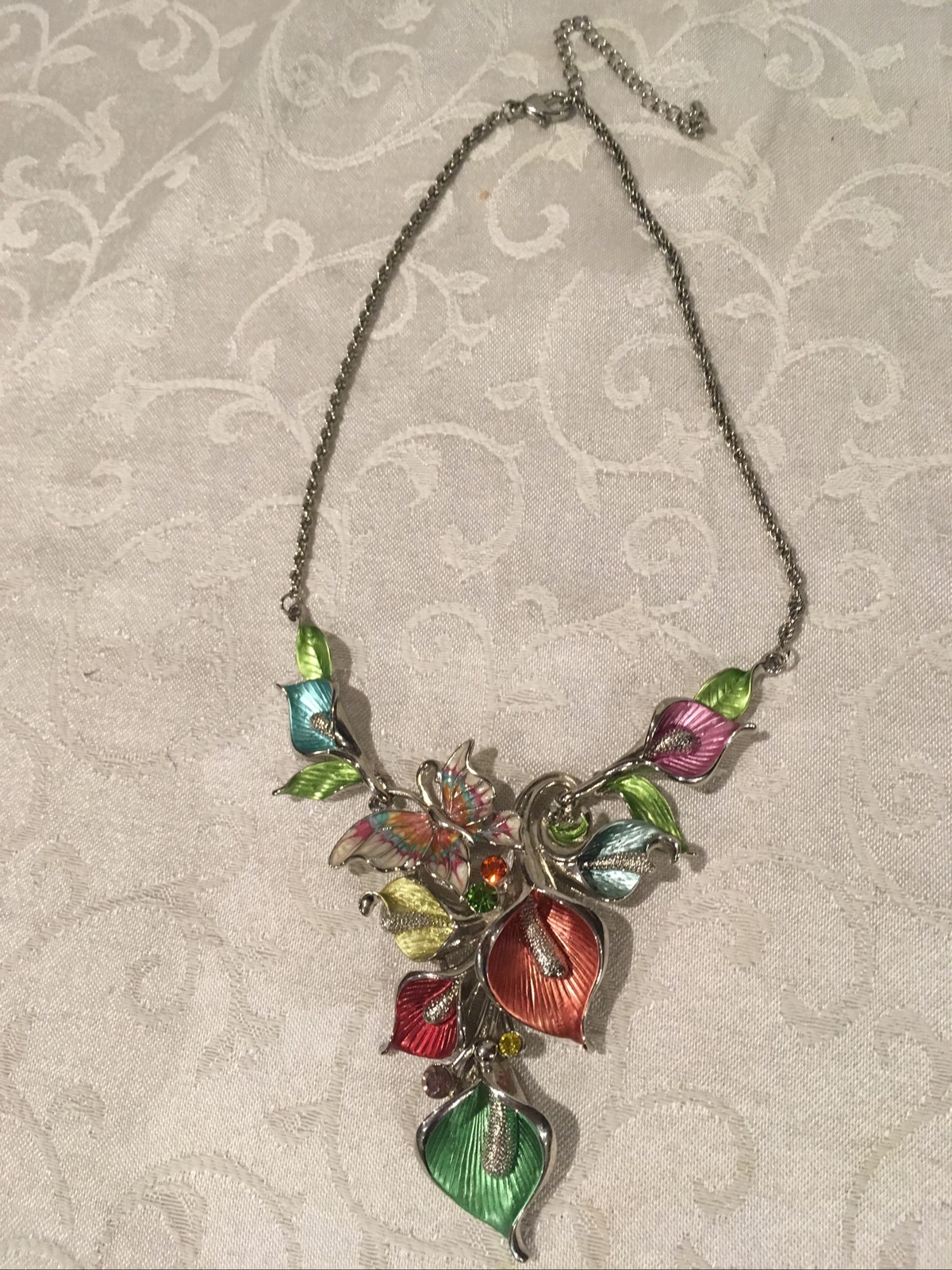 Silver Tone Multi Color Enamel Flower Butterfly Rhinestones Necklace