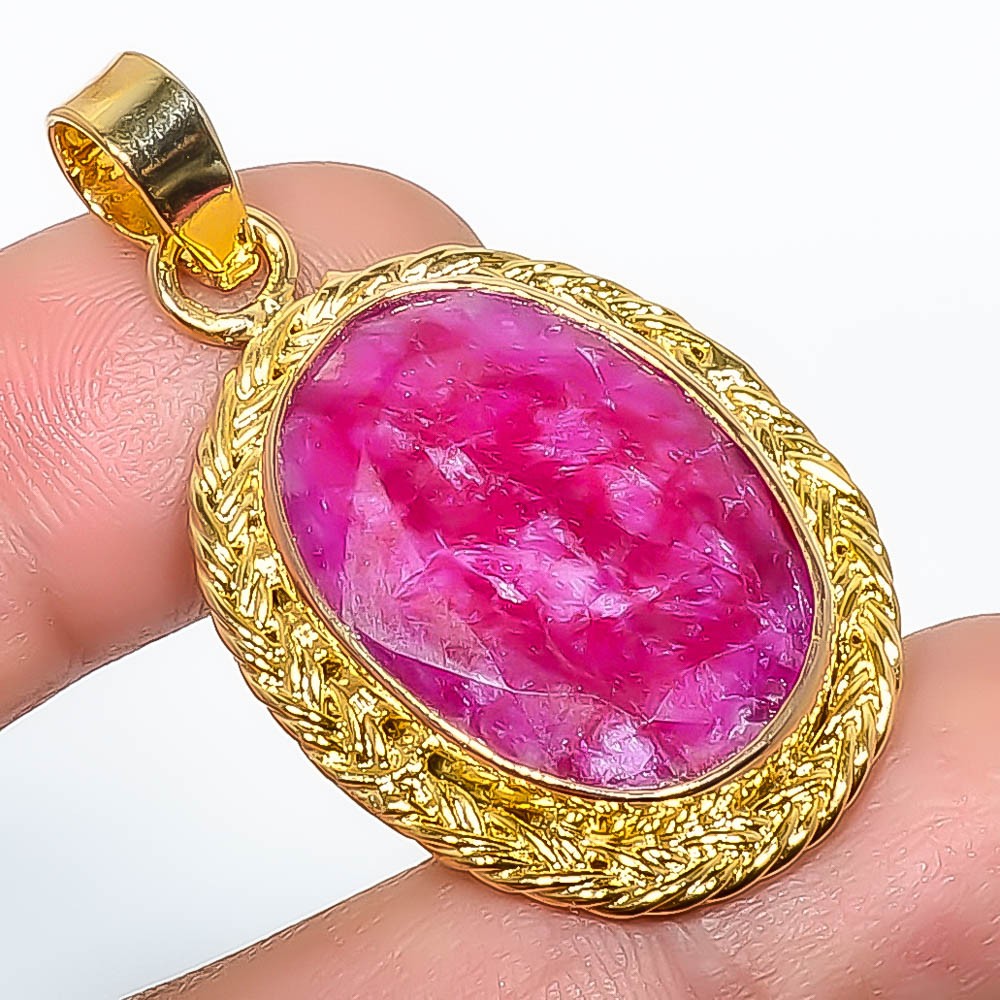 Ruby (Lab-Created) Gemstone 925 Silver Gold Plated Pendant 1.76″ P7622-259