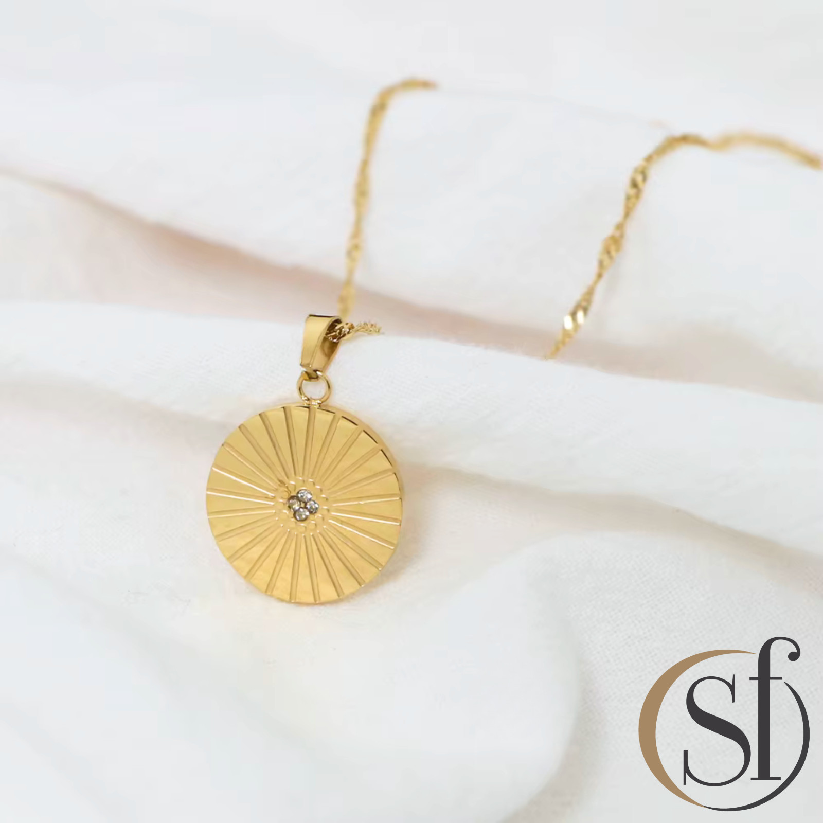 Sunbeam Coin Pendant Necklace | Waterproof Rope Chain | 18K Yellow Gold