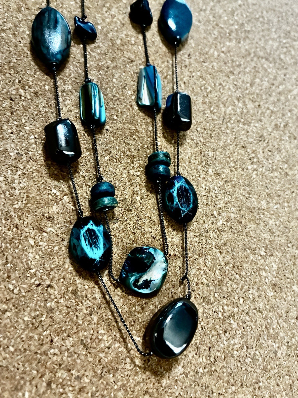 2 Strand 19 Turquoise Colored Beads On Black String