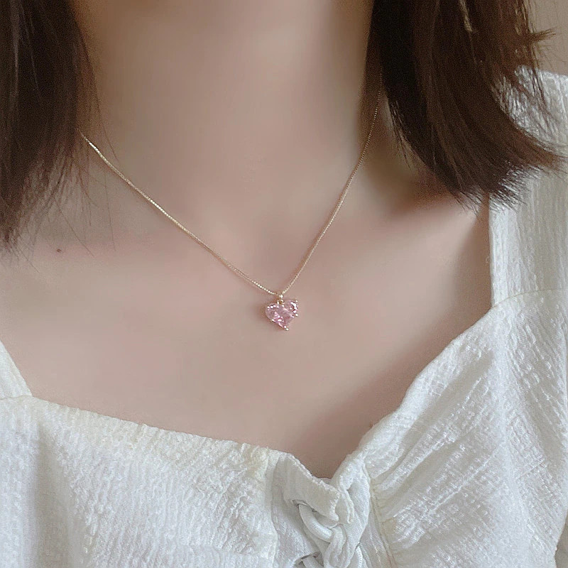 Women’s Fashion Jewelry Gold Pink Rhinestone Heart Pendant Necklace 1-228