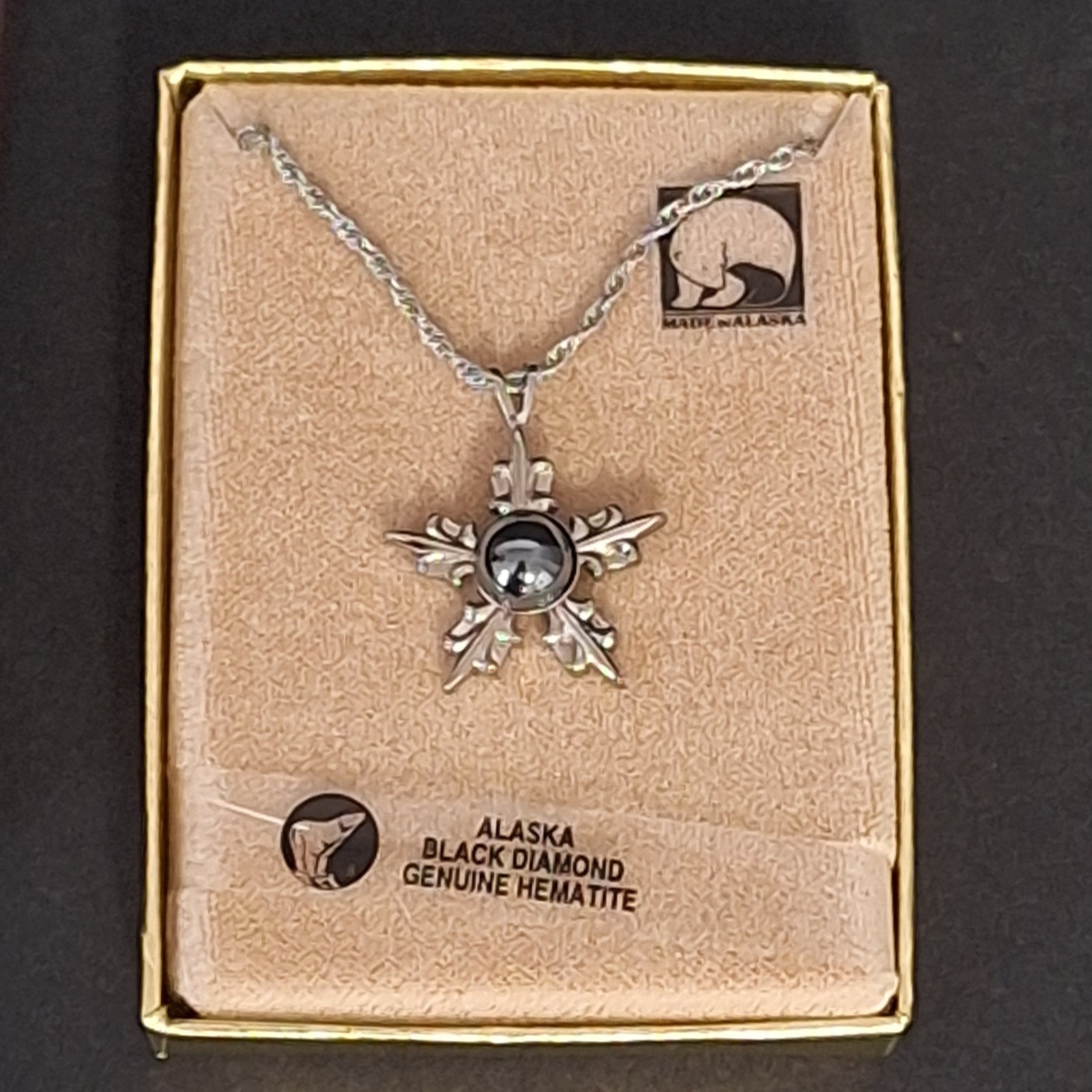 A.C.E. Alaska Necklace Hematite Snowflake Silver Tone VTG ACE Made in Alaska