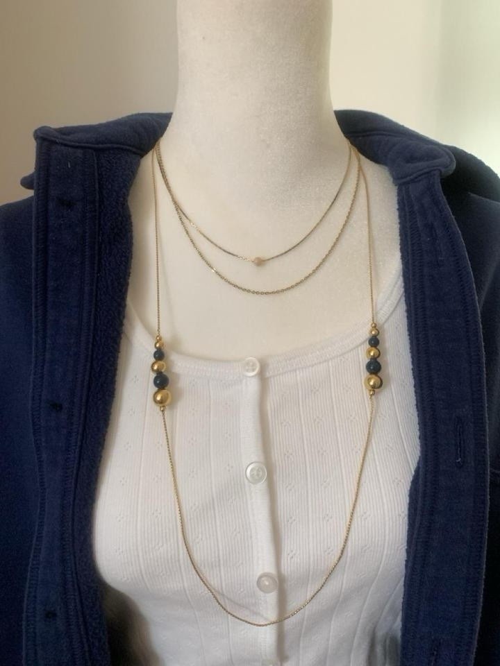 Vintage Minimalist Navy Blue & Gold Beaded Station Necklace