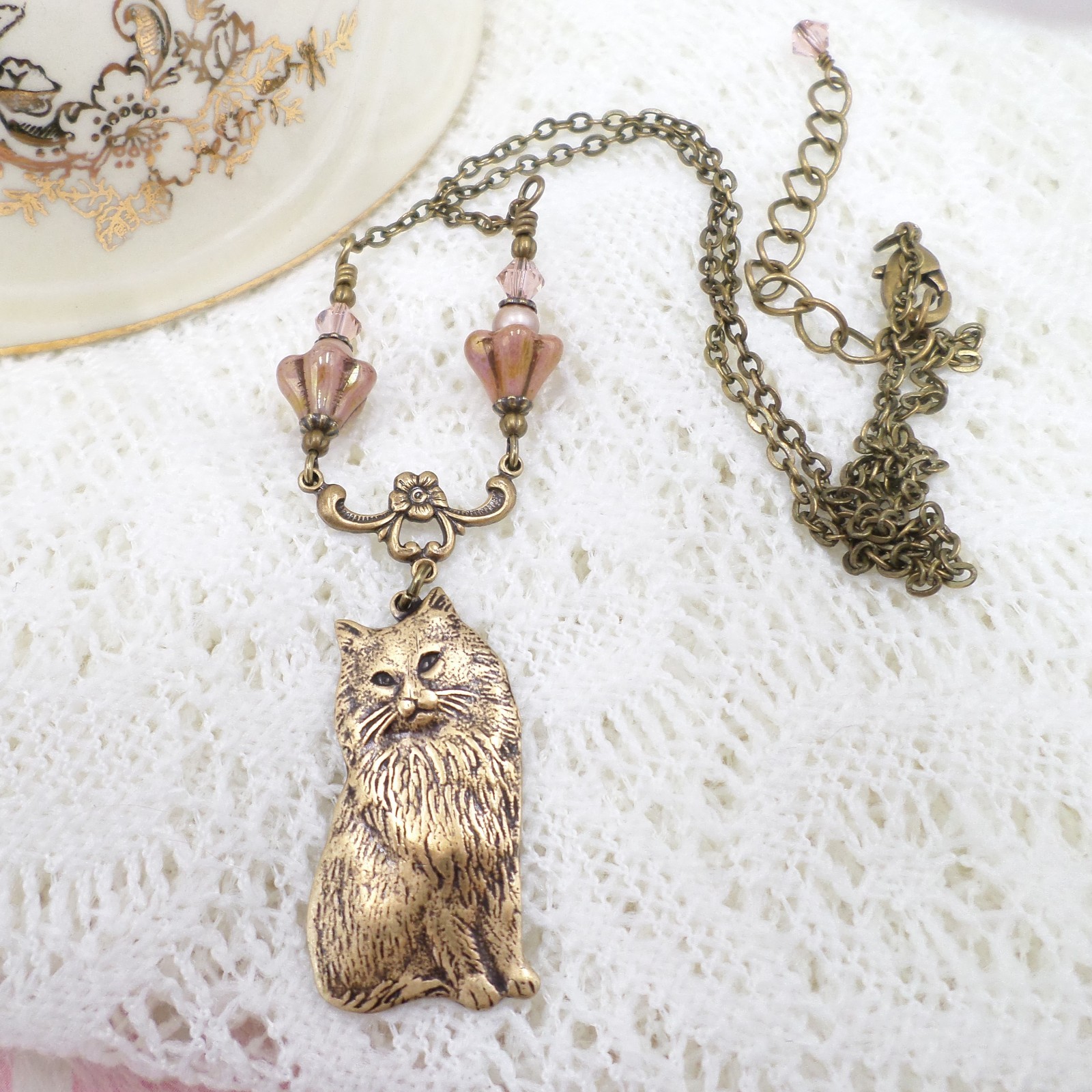 Vintage Style Cat Necklace with Pink Czech Glass Flowers, Antique Brass Handmade
