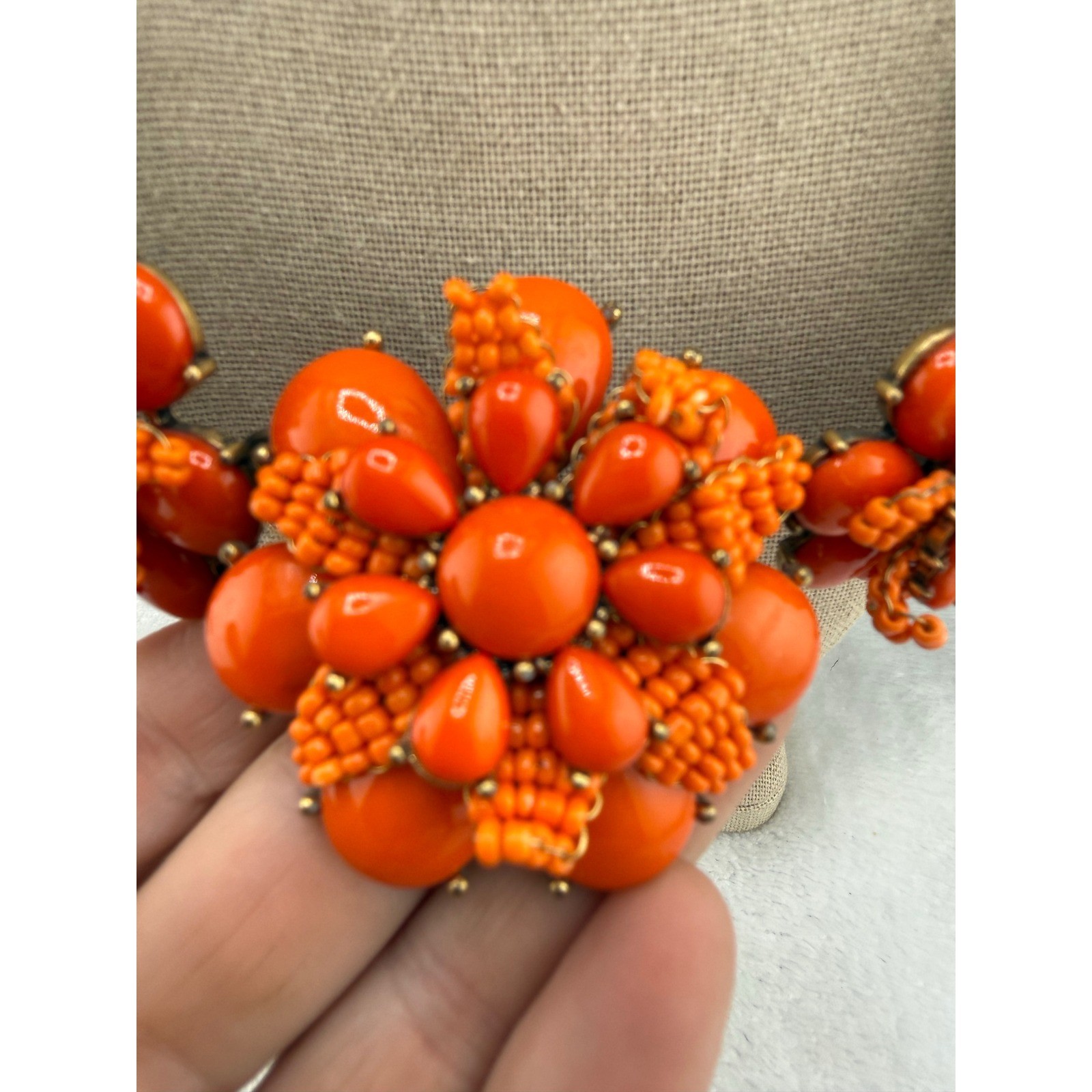 J.Crew Statement Necklace Orange Floral Beaded Gold Tone 18″
