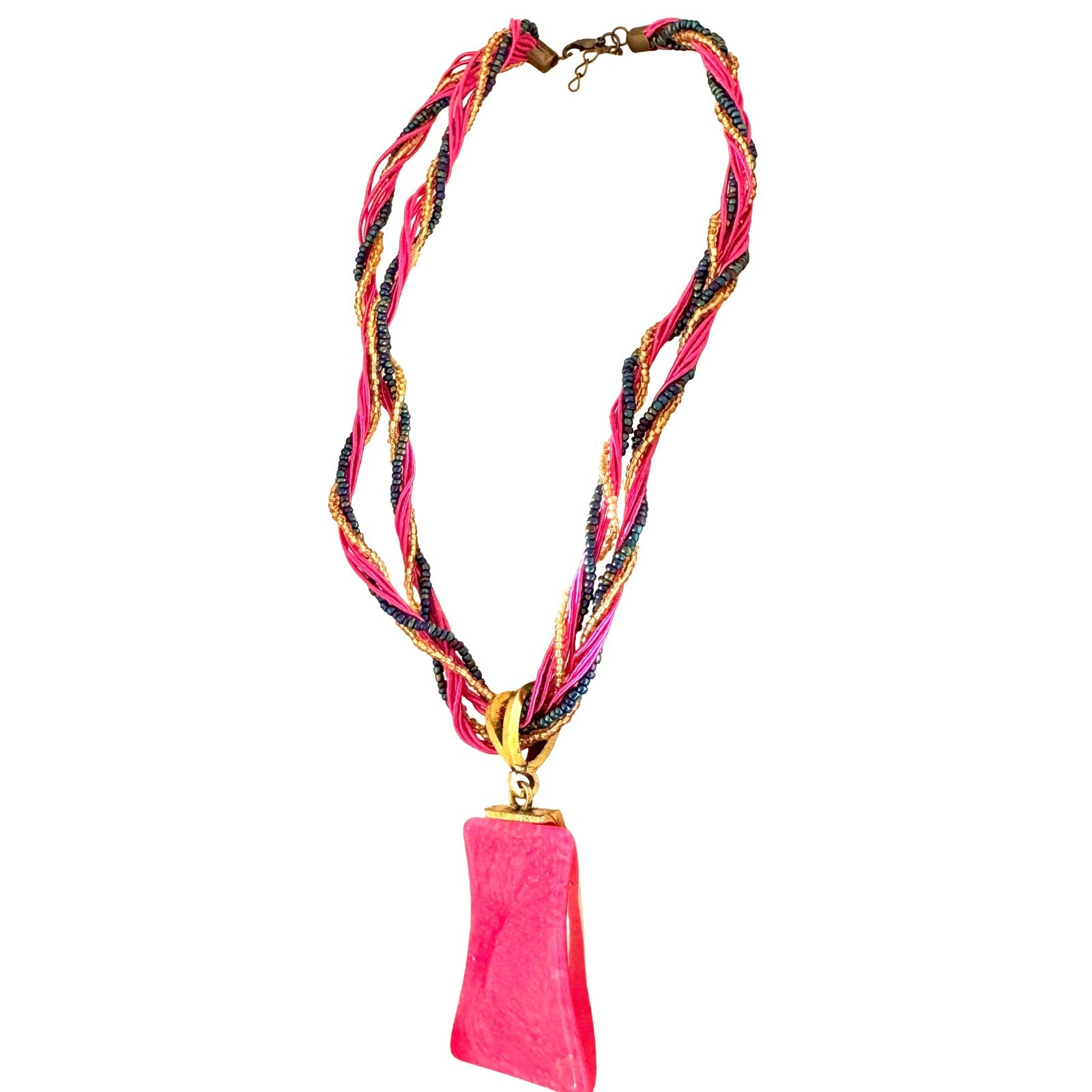 Pink Statement Pendant Necklace Braided Multi Strand Seed Bead Rhinestone Gold