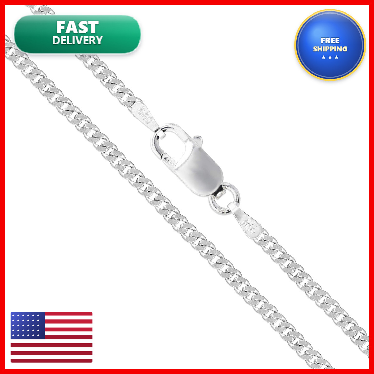 Sac Silver Sterling Silver Italian Curb Chain 2Mm Solid 925 Italy 2 Sided