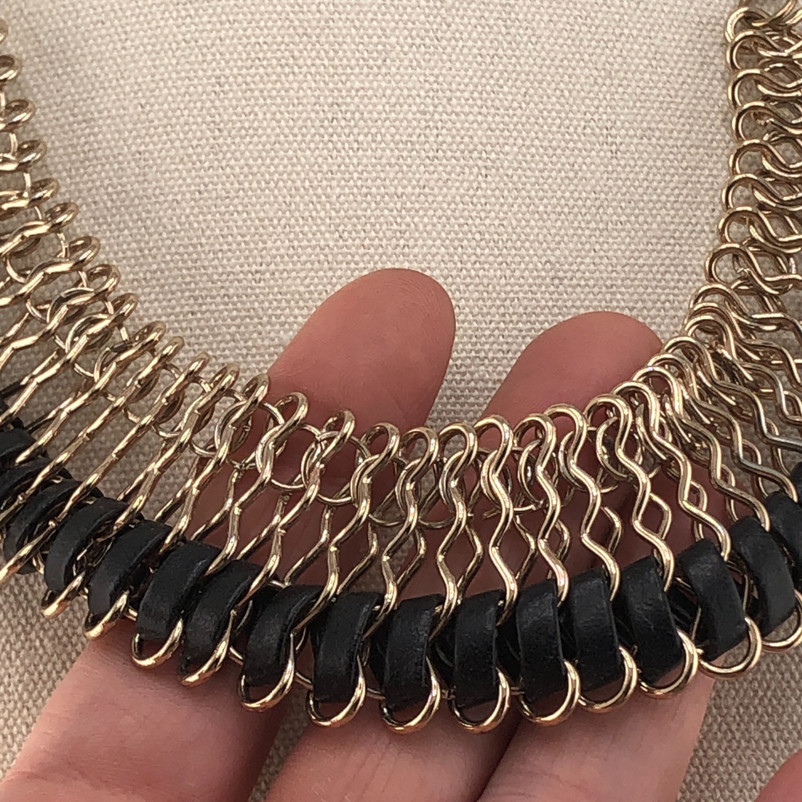Woven Bib Necklace Gold Tone & Black Cord Statement Festival Retro Collar