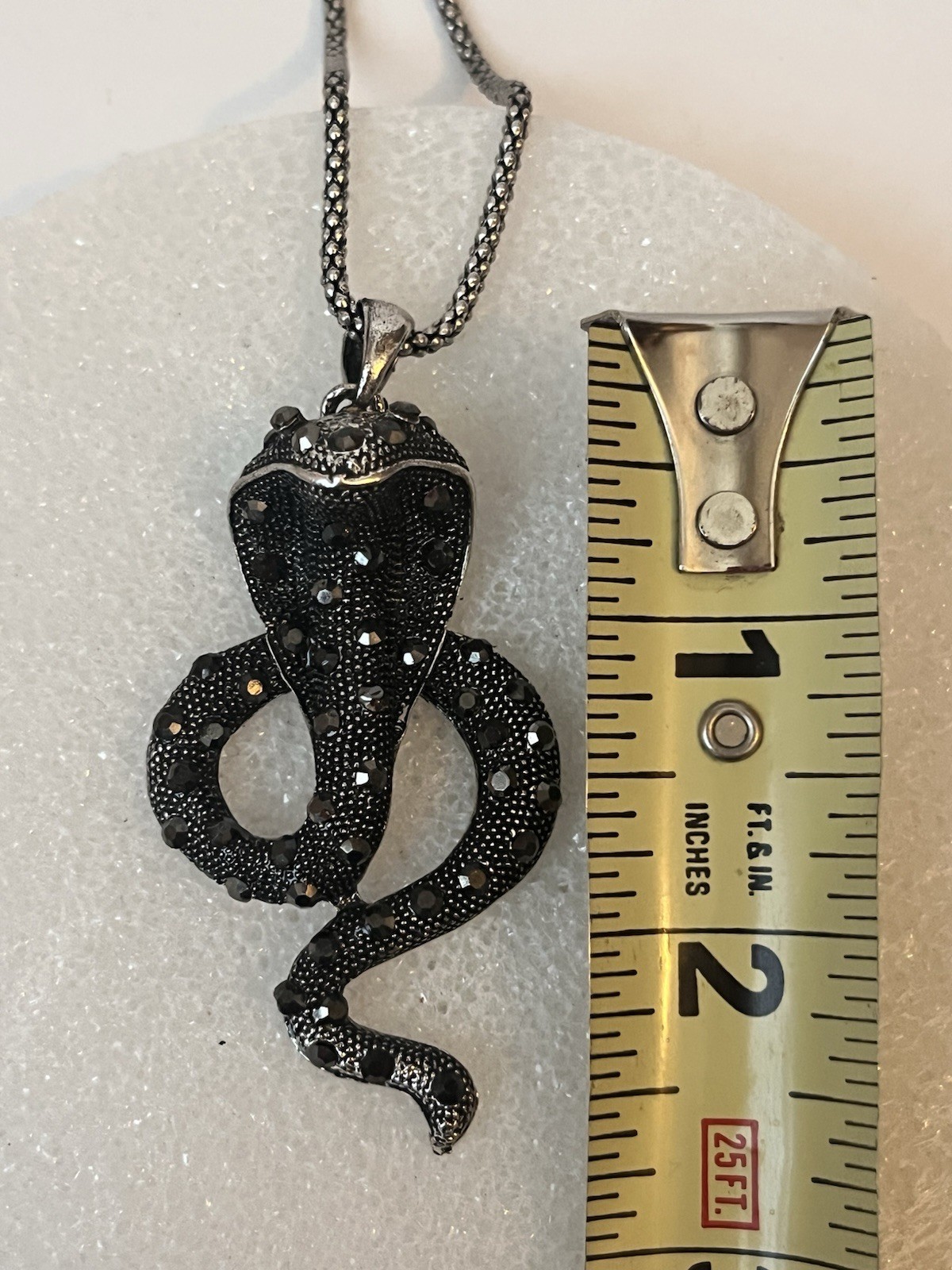 King Cobra Snake Pendant Necklace Black Rhinestones Adorned 28 Inch Adjustable