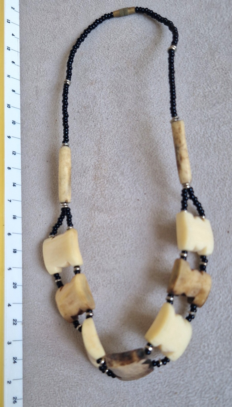 Vintage Carved Bone Geometric Necklace Mid‑Century Ethnic Tribal Barrell Clasp