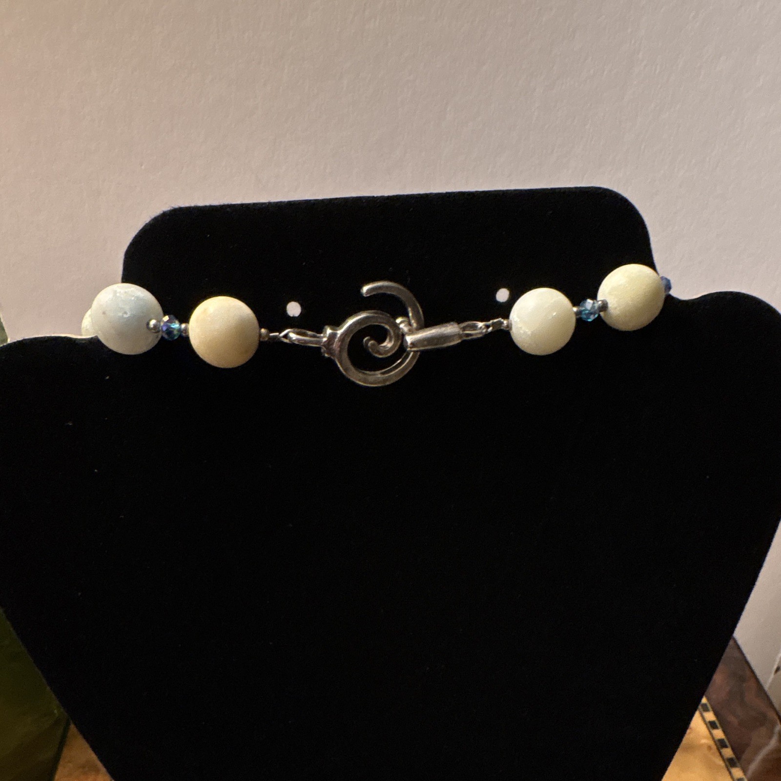 Handmade Blue/White Glass & Stone Beaded Necklace 20 in Ball/Bead Toggle