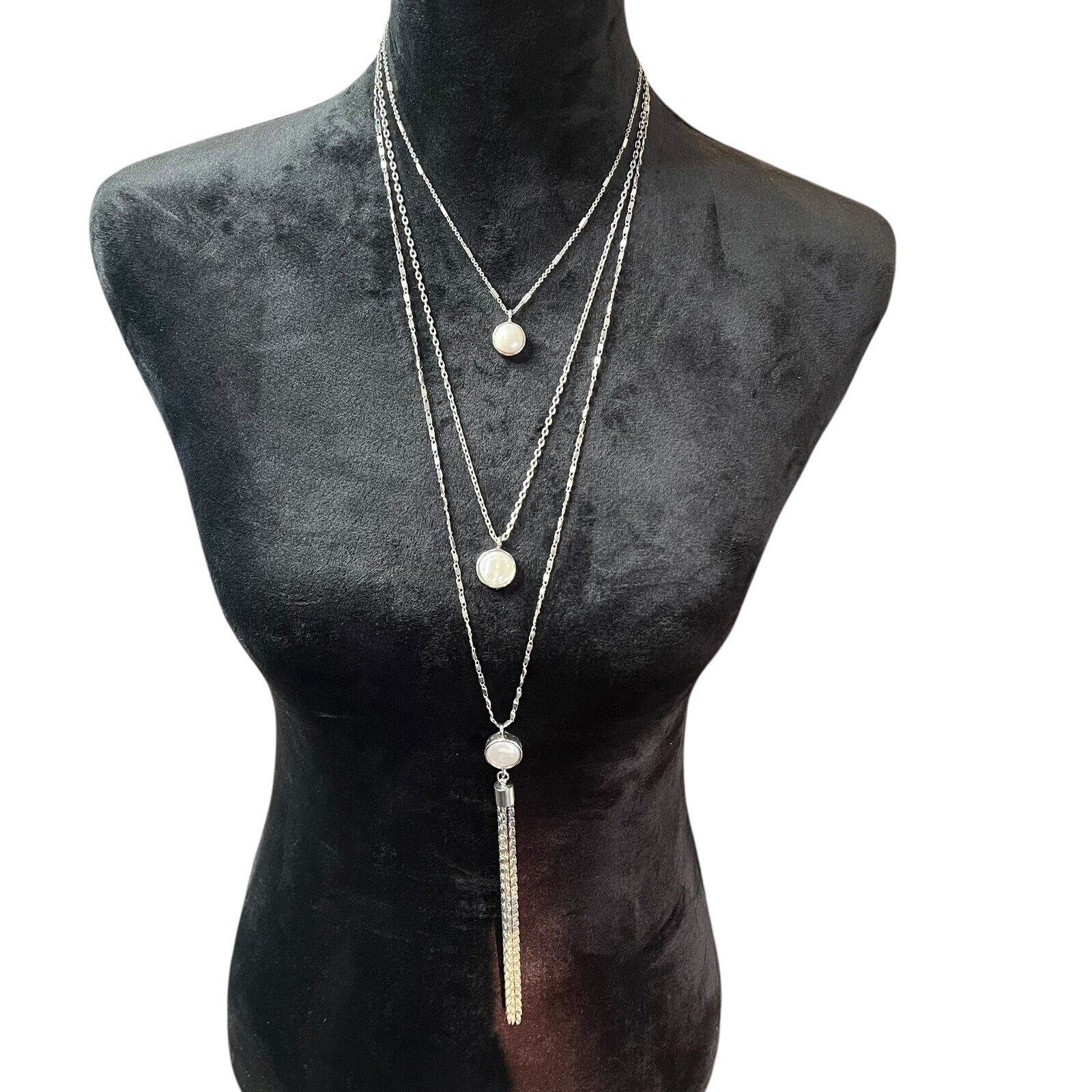 VERONESE Layered Necklace Silver Tone Baroque Pearl Pendant Tassel Chain Women