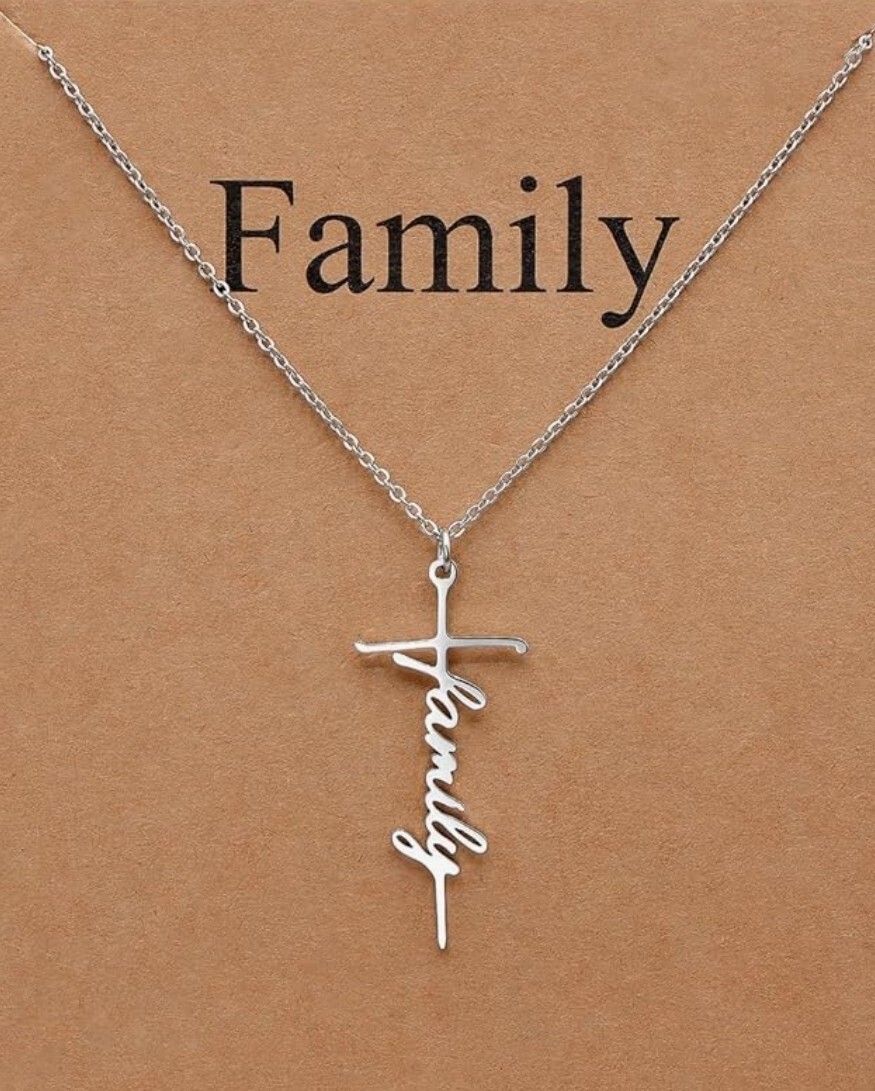 Cross Necklace Women Stainless Steel W/ Family Charm Fine Chain Adjustable 20″