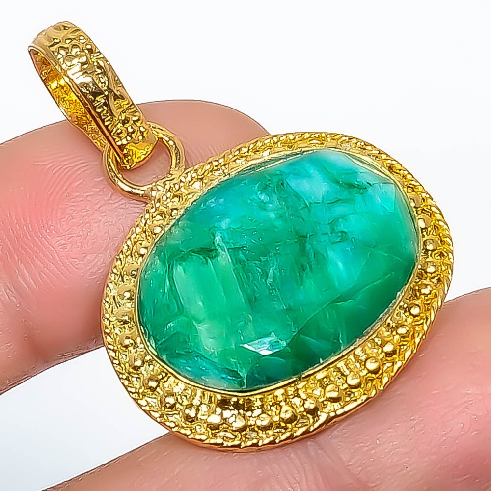 Emerald (Lab-Created) Gemstone 925 Silver Gold Plated Pendant 1.56″ P7622-177