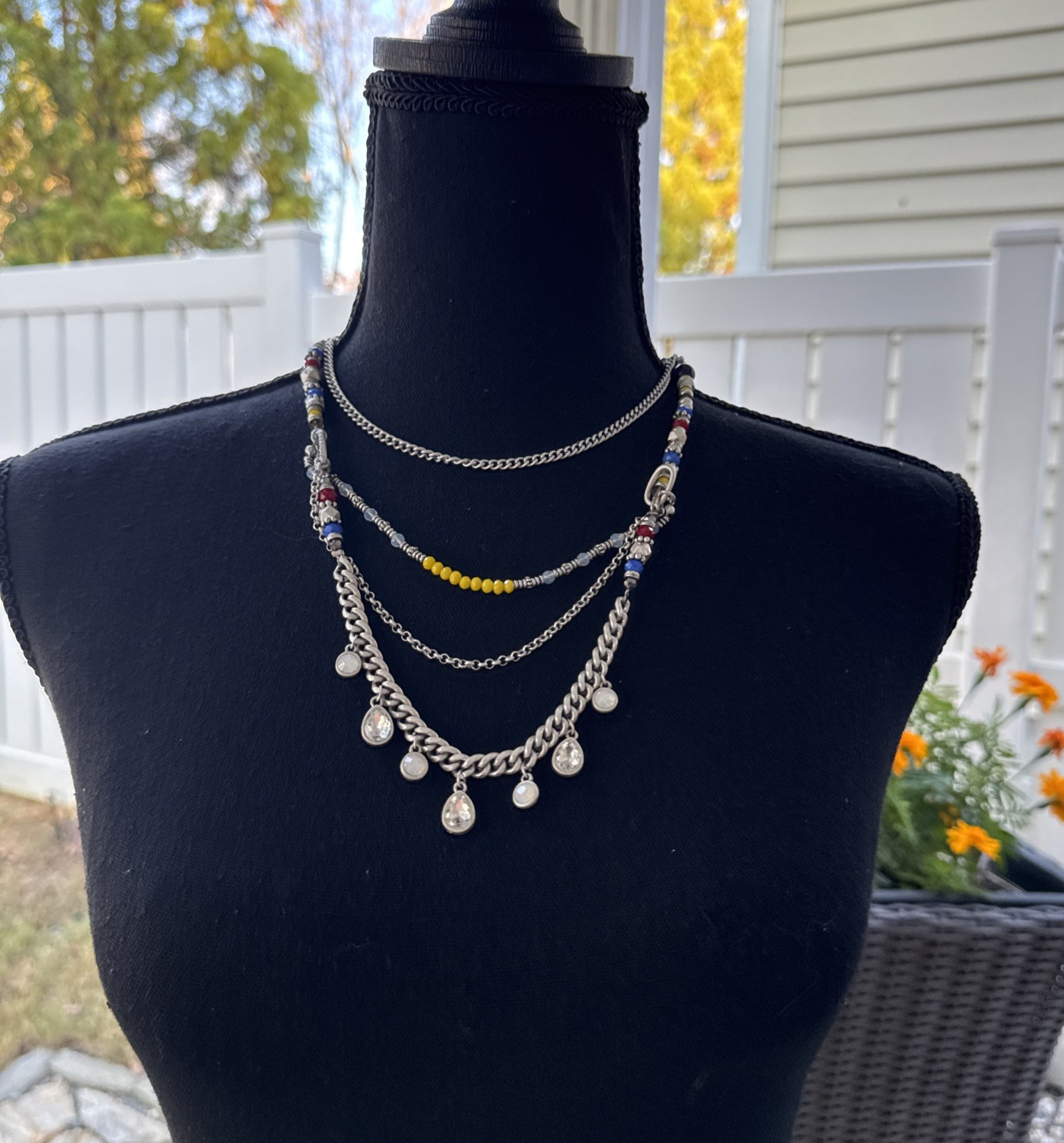 Cara NY SUMMER Chain Statement Necklace Layered CZ Yellow Blue Red NEW