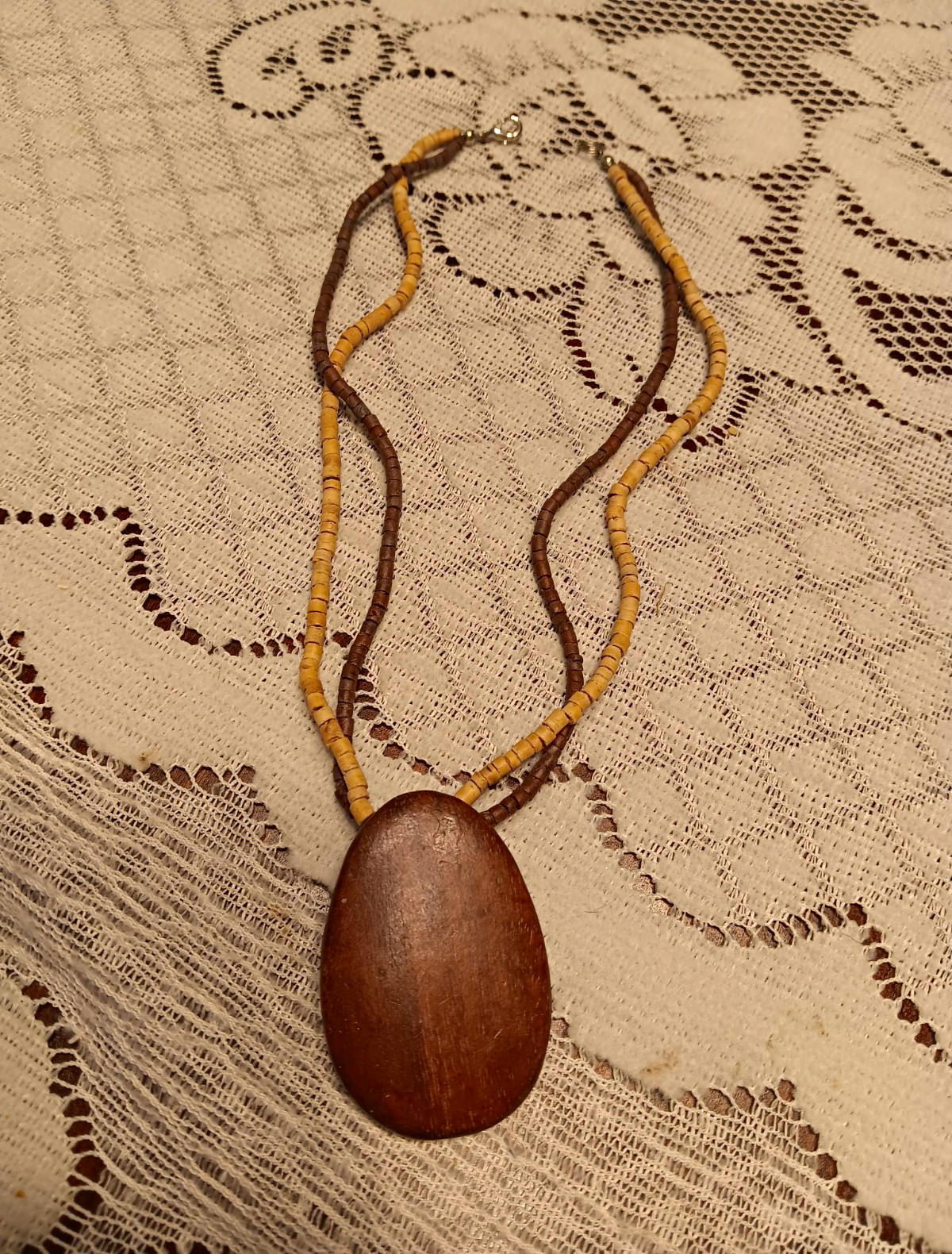 Brown Tan Wood Beaded Necklace – Ball/Bead Chain Oval Pendant Charm, Boho Retro