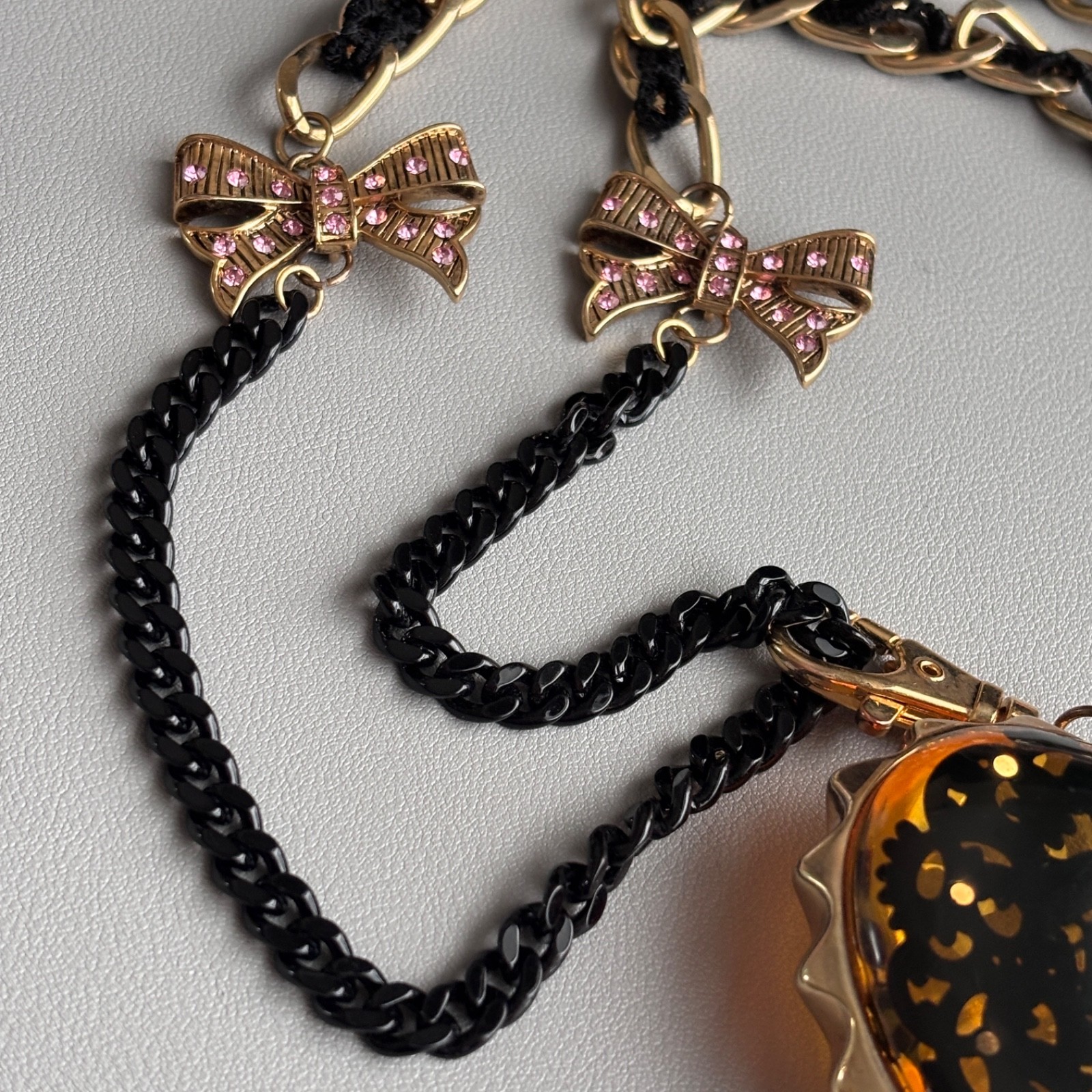 Betsey Johnson Large Lucite Heart Necklace Gold Tone Chain Black Ribbon