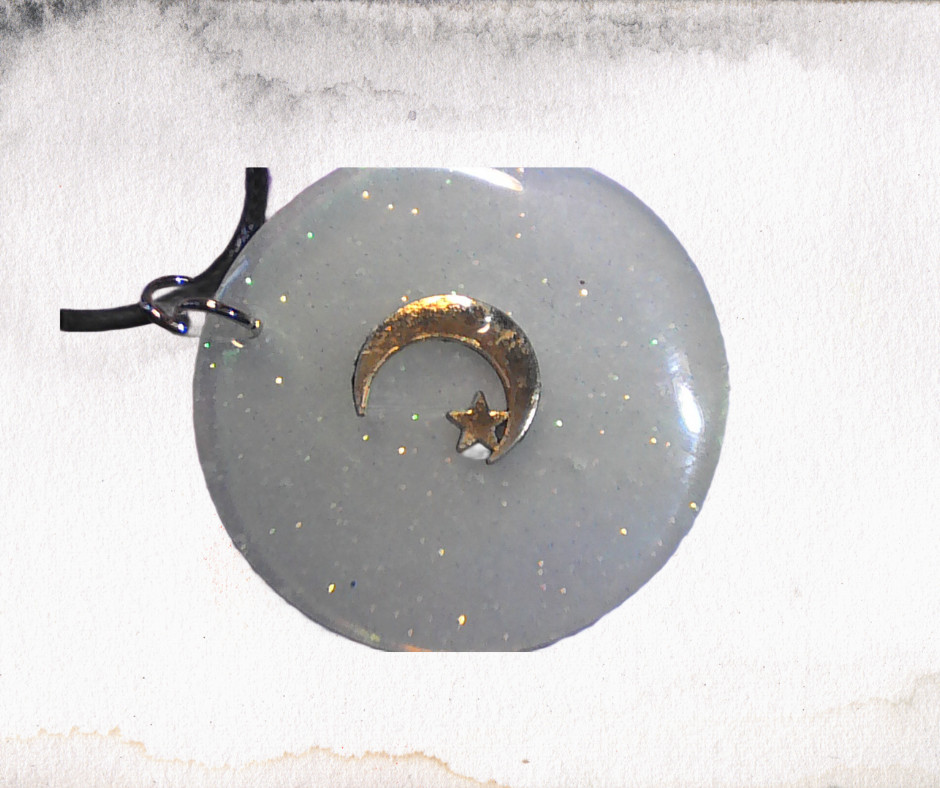 Handmade Moon Star Resin Pendant Necklace White Celestial Black Cord 18″