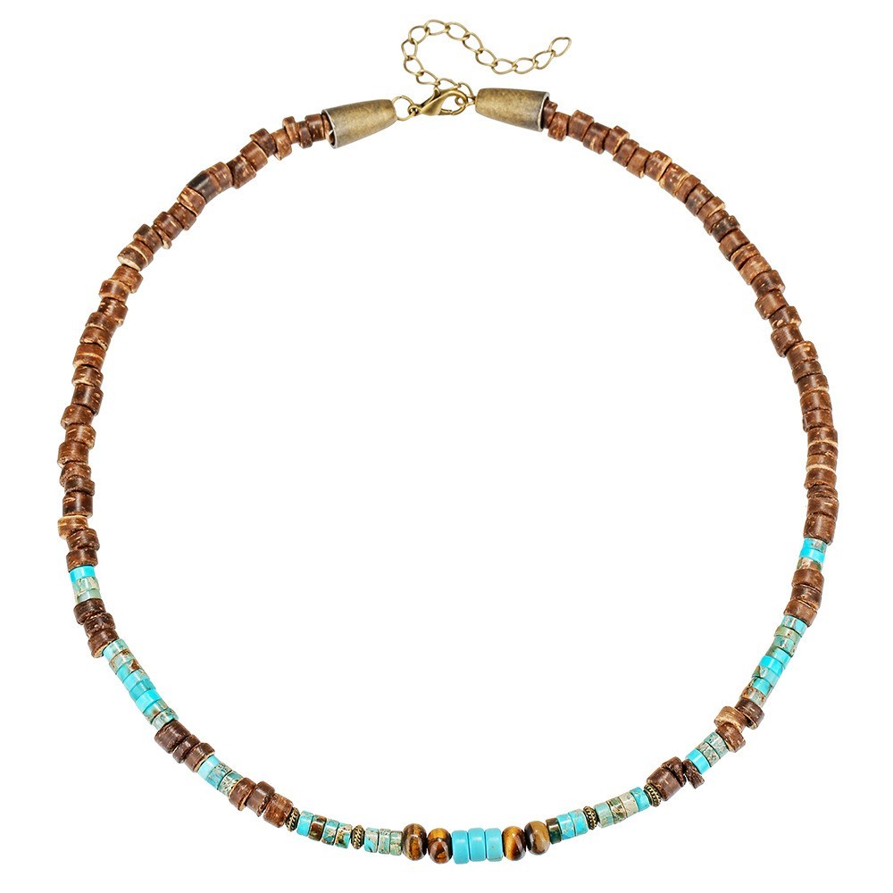 Mens Boho Necklace Natural Wood Turquoise Beads Surfer Choker Handmade Jewelry