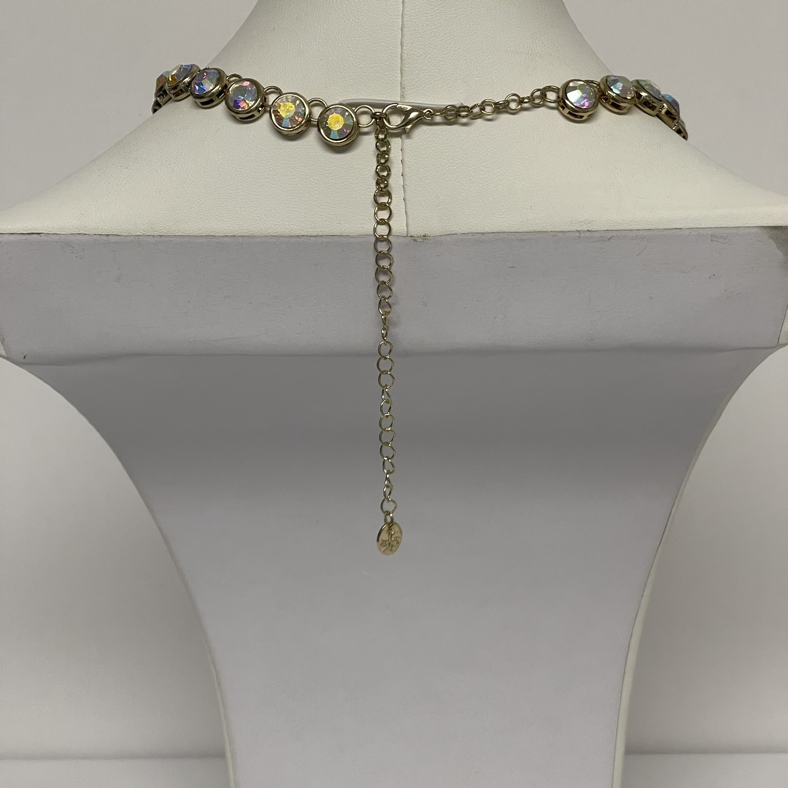 Claire’s Gold Tone Iridescent Aurora Borealis Rhinestone Necklace 16″ w/4″ ext.