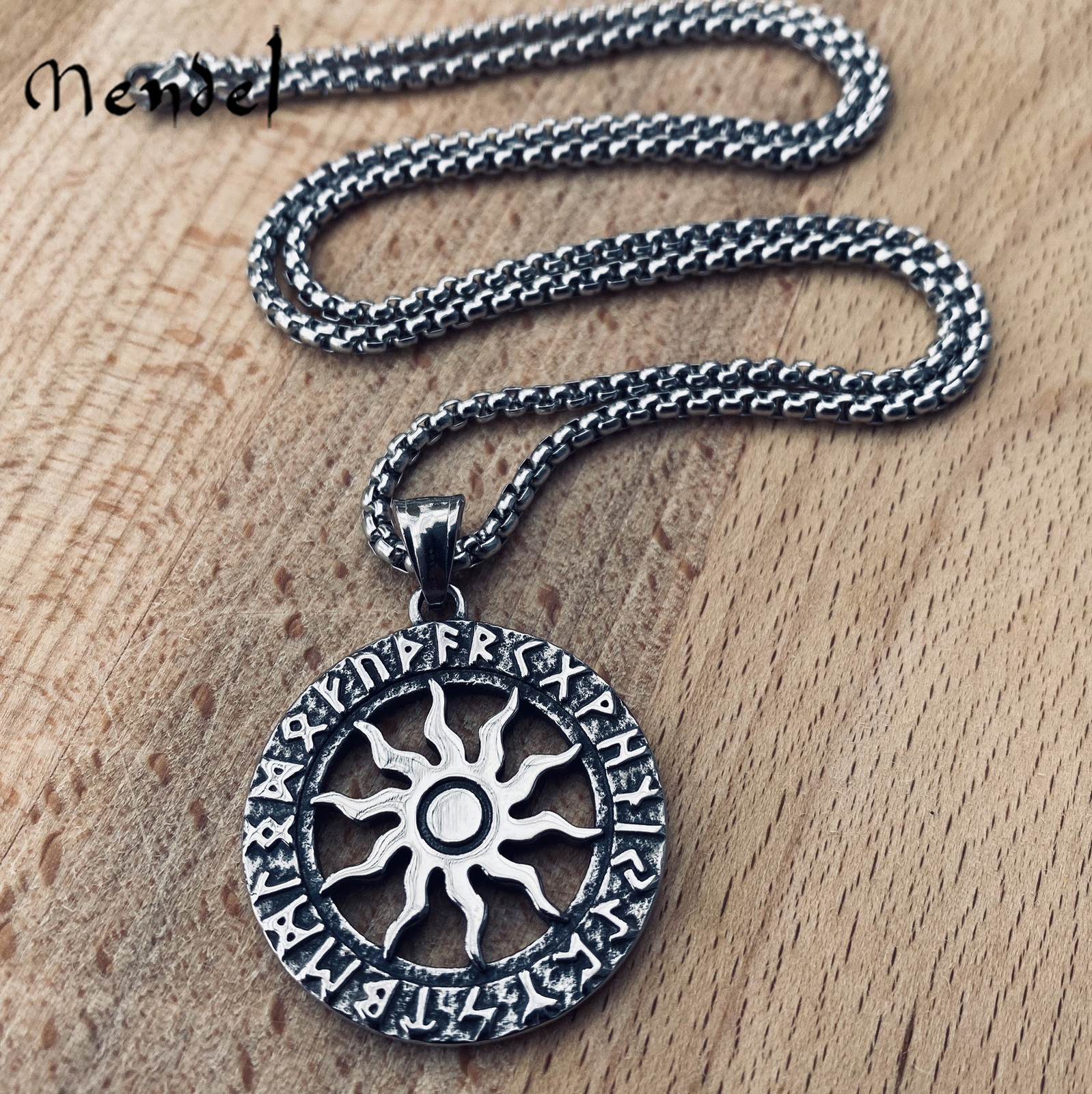 MENDEL Stainless Steel Norse Viking Rune Sun Protection Pendant Necklace Silver