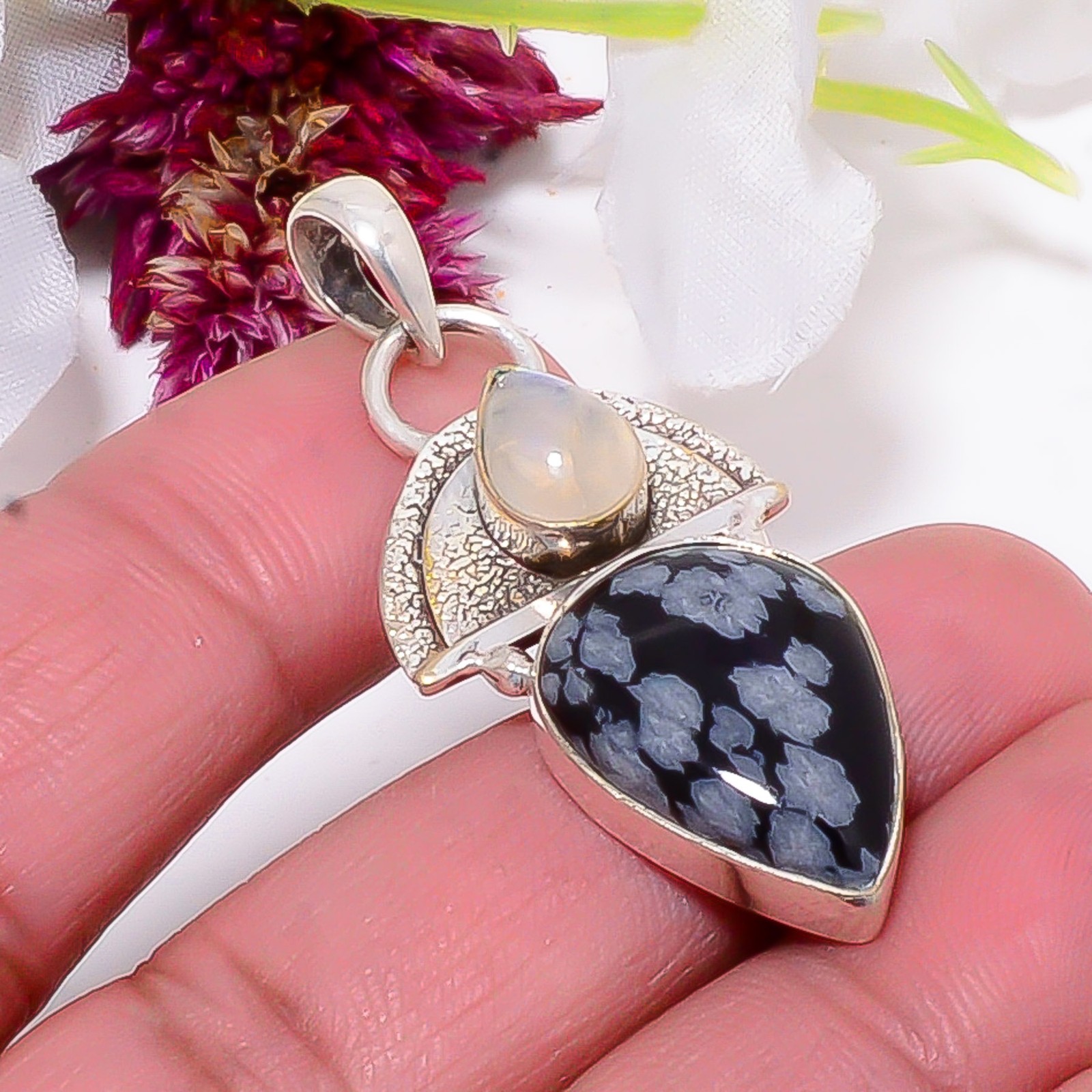 Snowflake Obsidian & Rainbow Moonstone 925 Sterling Silver Pendant 1.87″ Sku12
