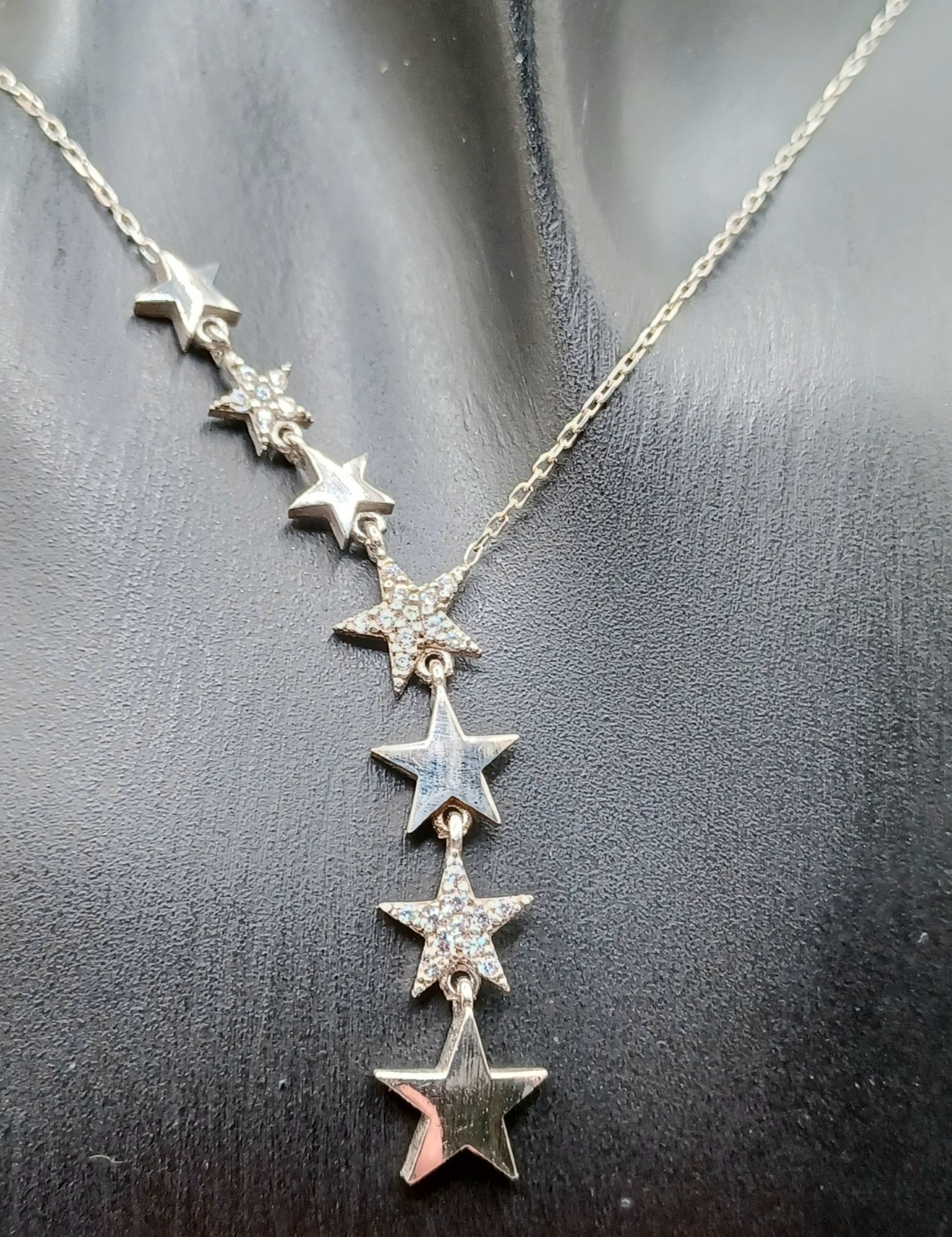 Sterling Silver Star Y-Drop Necklace Trail of 7 Stars 925 & Cubic Zirconia 18″