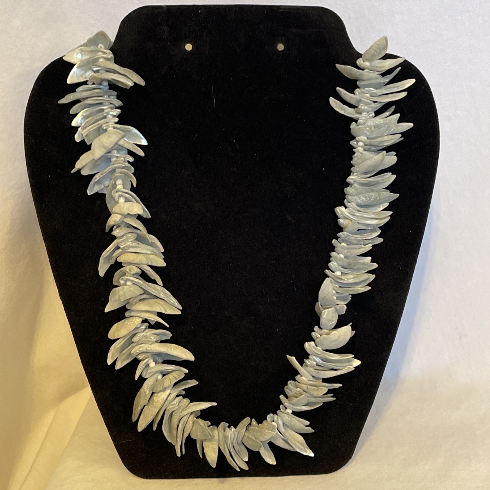 Shell Spikes with Seed Bead Spacers Necklace Blue Grey Chunky Statement 27 in