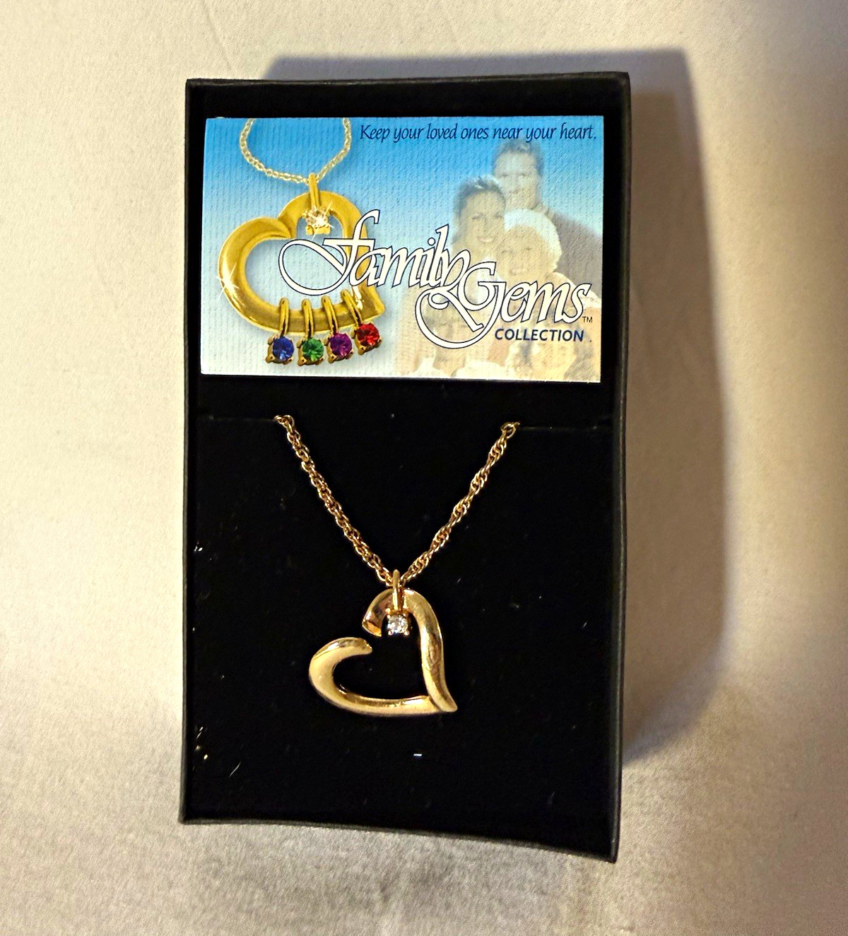 Family Gems Collection Gold Heart Charm Pendant Necklace CZ Rope Chain Prong Set