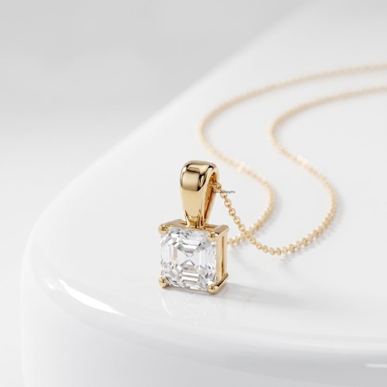2 Carat Asscher Cut Moissanite Solitaire 14K Gold Everyday Necklace Pendant