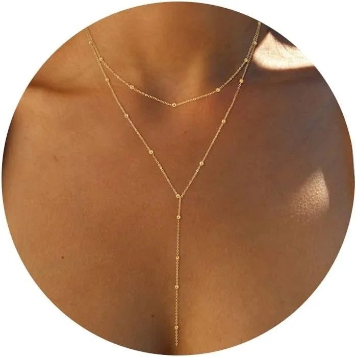 Gold Plated Y Pendant Necklace Women’s Layered Beaded Chain Gift Jewellery 14K