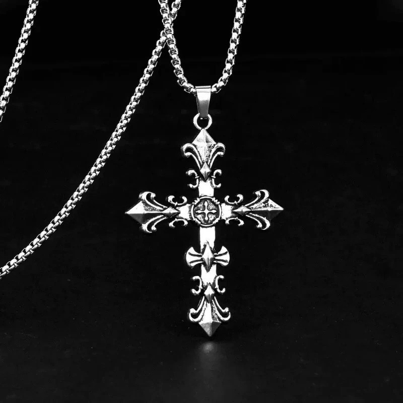 Mens Stainless Steel Cross Necklace Bracelet Set Vintage Silver Jewelry