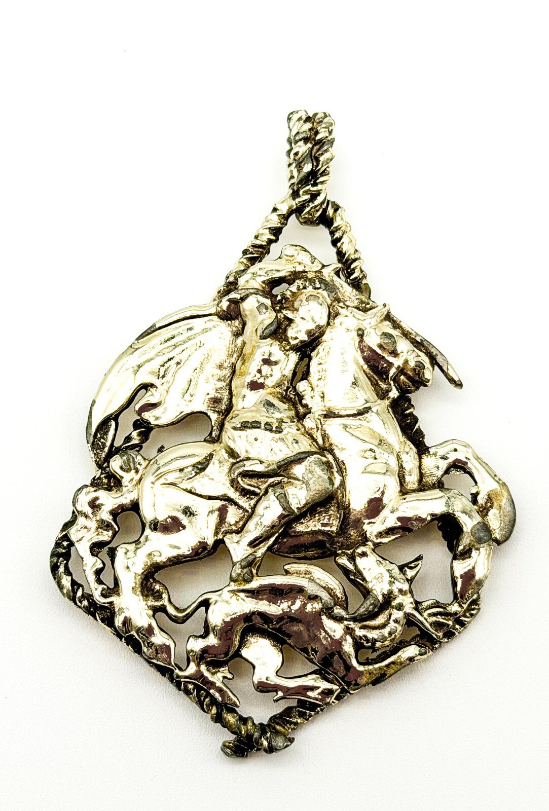 Vintage Jewelcraft St George and Dragon Pendant Gold Tone Signed 8.5cm Signed