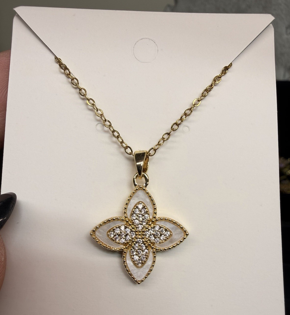 Gold Plated Pavé Clear Crystal Clover Pendant Cable Chain