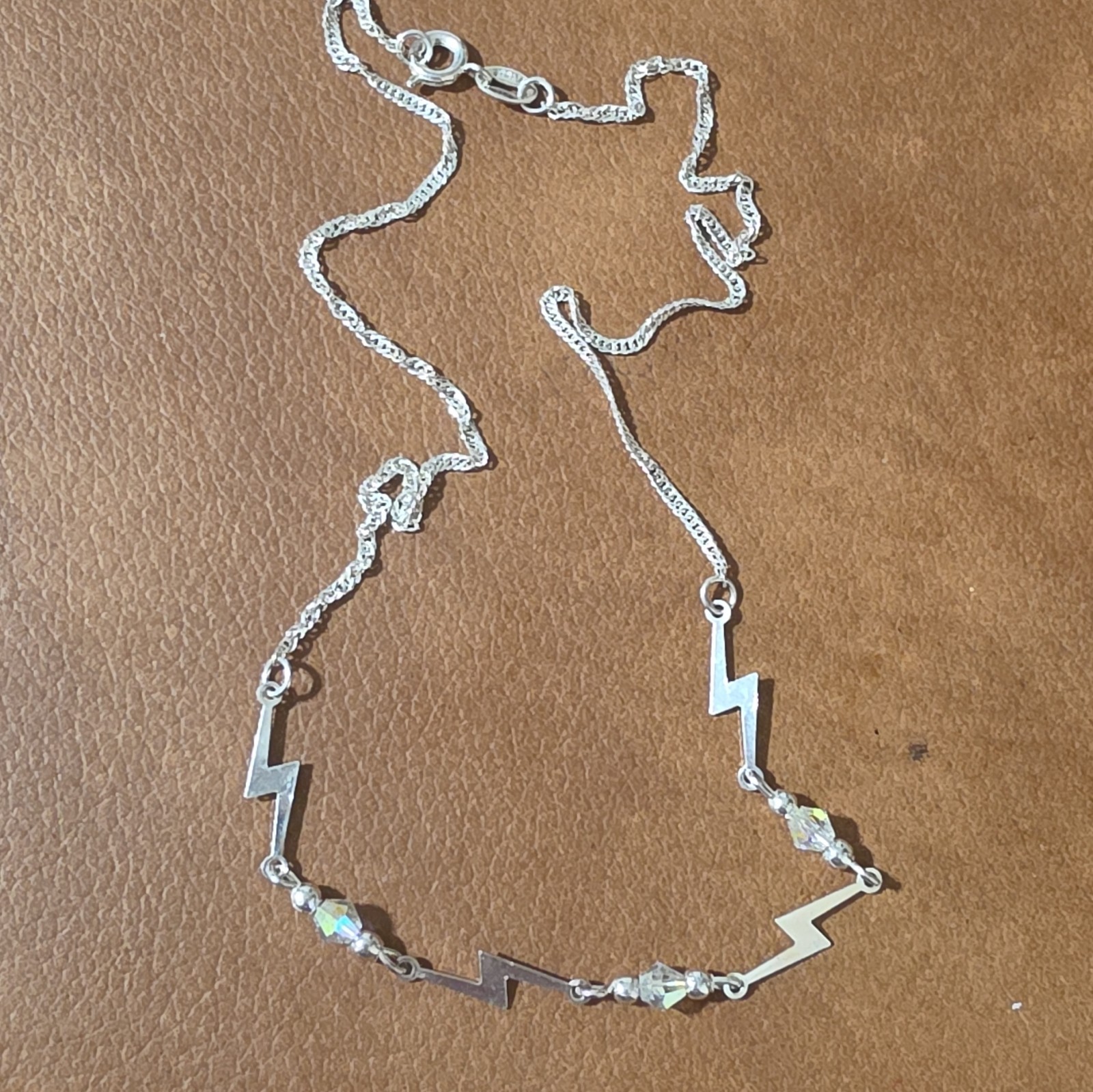 Silver Tone Lightning Bolt Crystal Pendant Curb Chain Necklace Lobster Clasp