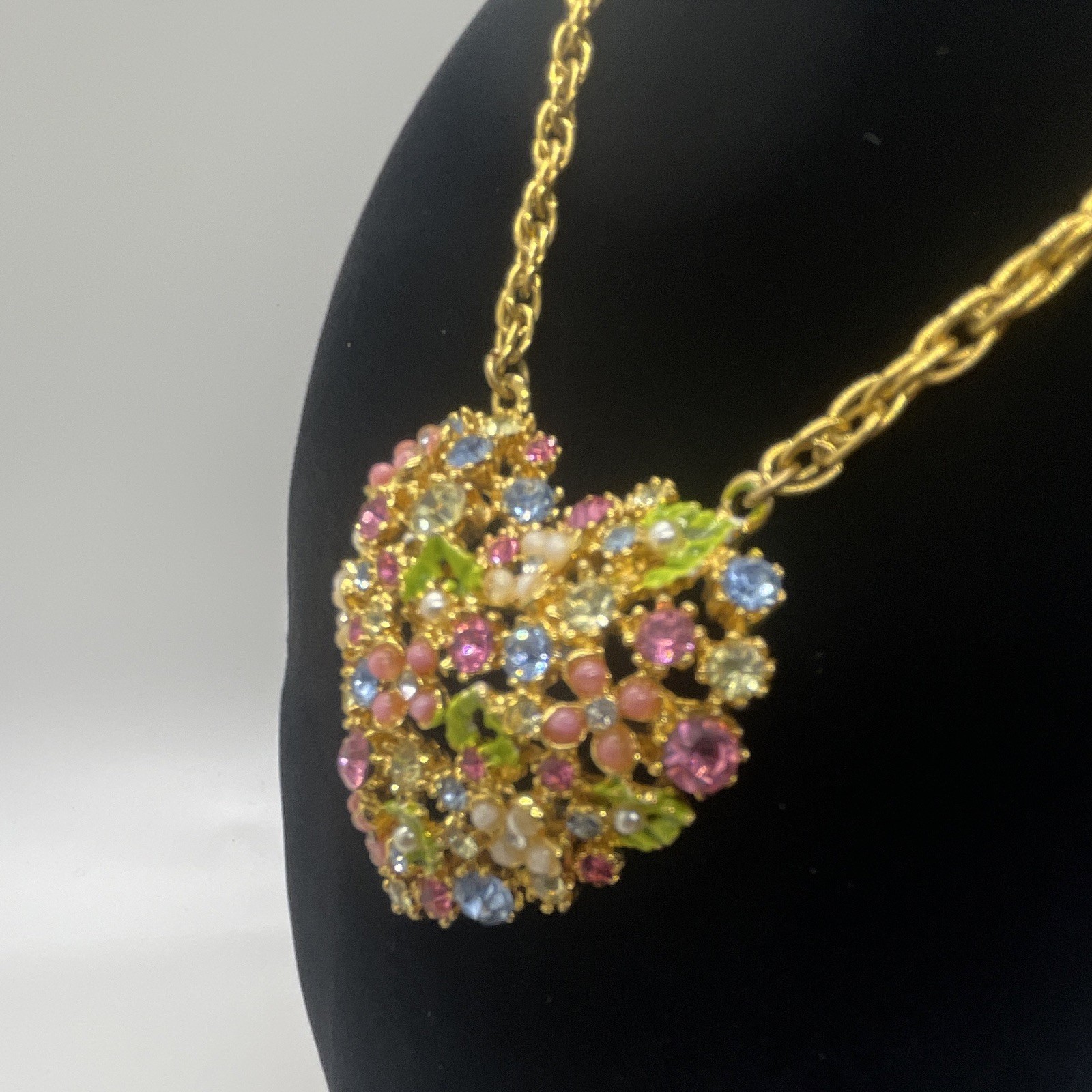 Vintage Arthur Pepper ART Floral Heart Rhinestone Necklace Signed Gold Tone