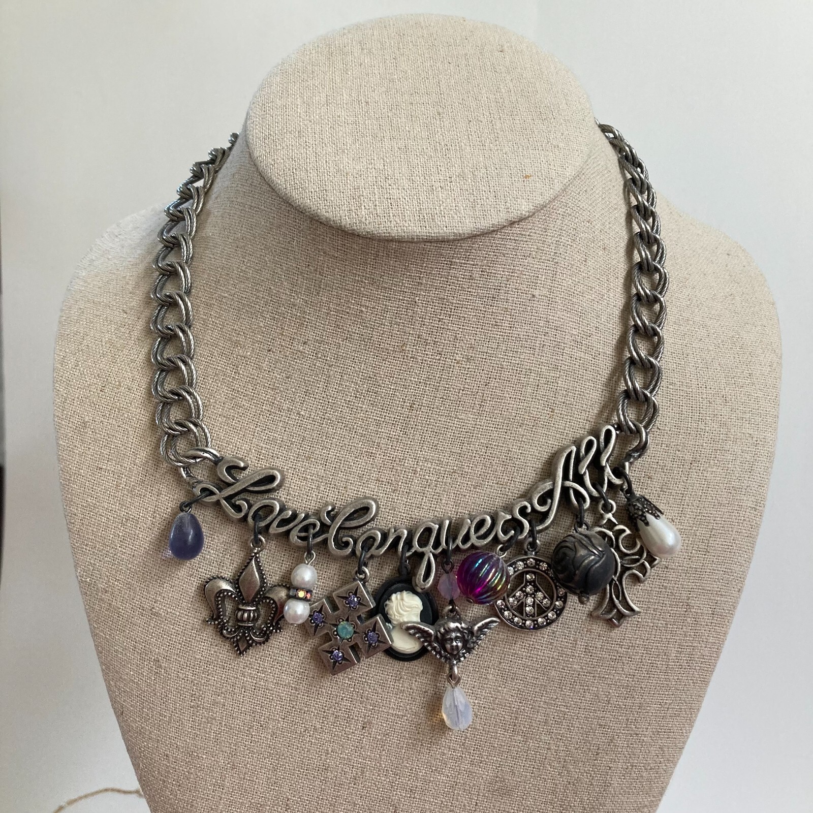 Love Conquers All Beaded Charm Necklace Silvertone 15″ with 3.75″ Extender