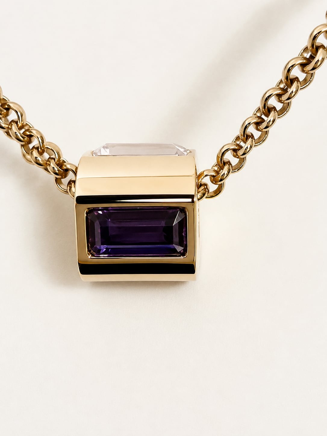 Gold Tone Geometric Cube Necklace | Multi-Color Baguette Crystals | Purple, Gree