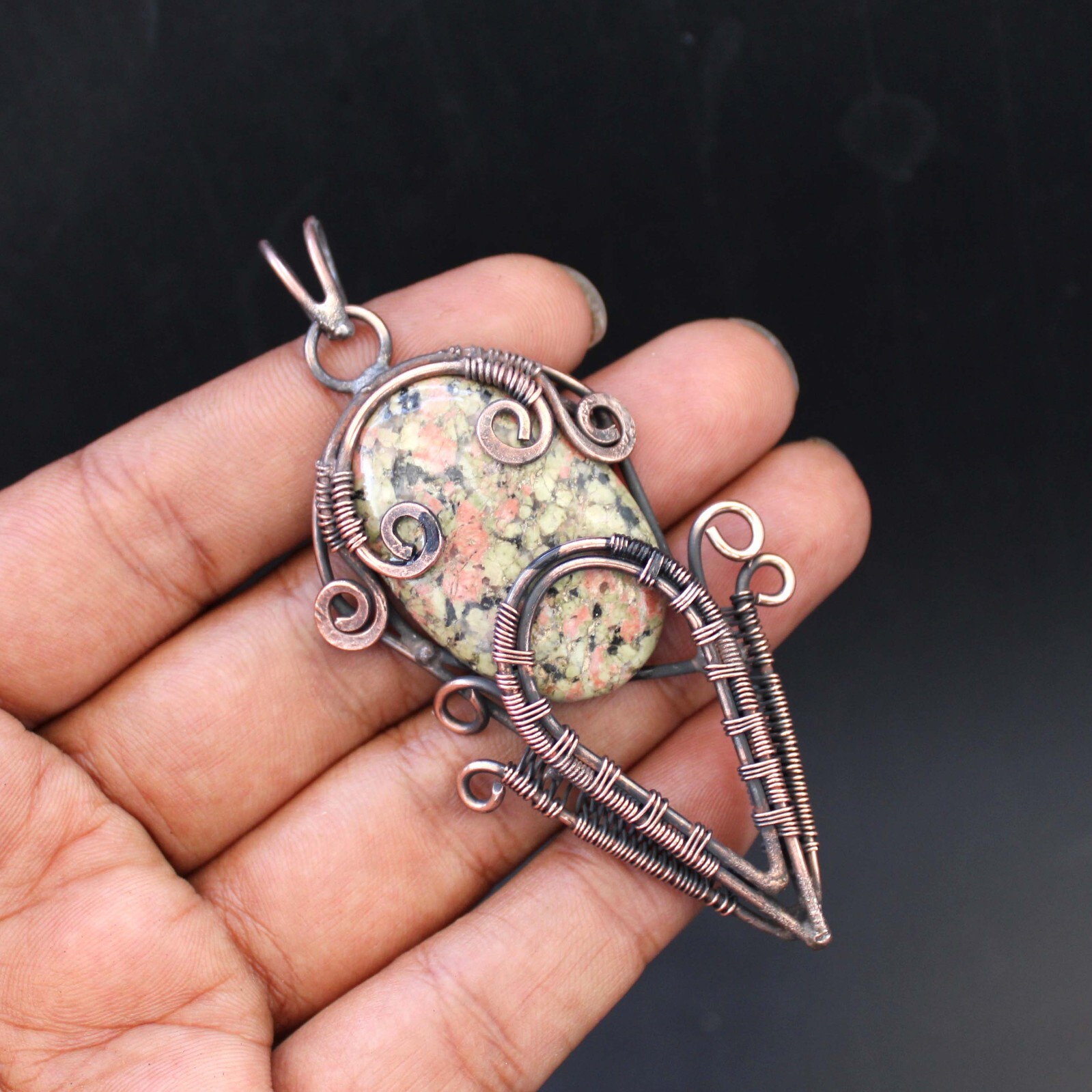 Unakite Gemstone Pendant Copper Wire Wrapped Pendant Jewelry Anniversary Gift