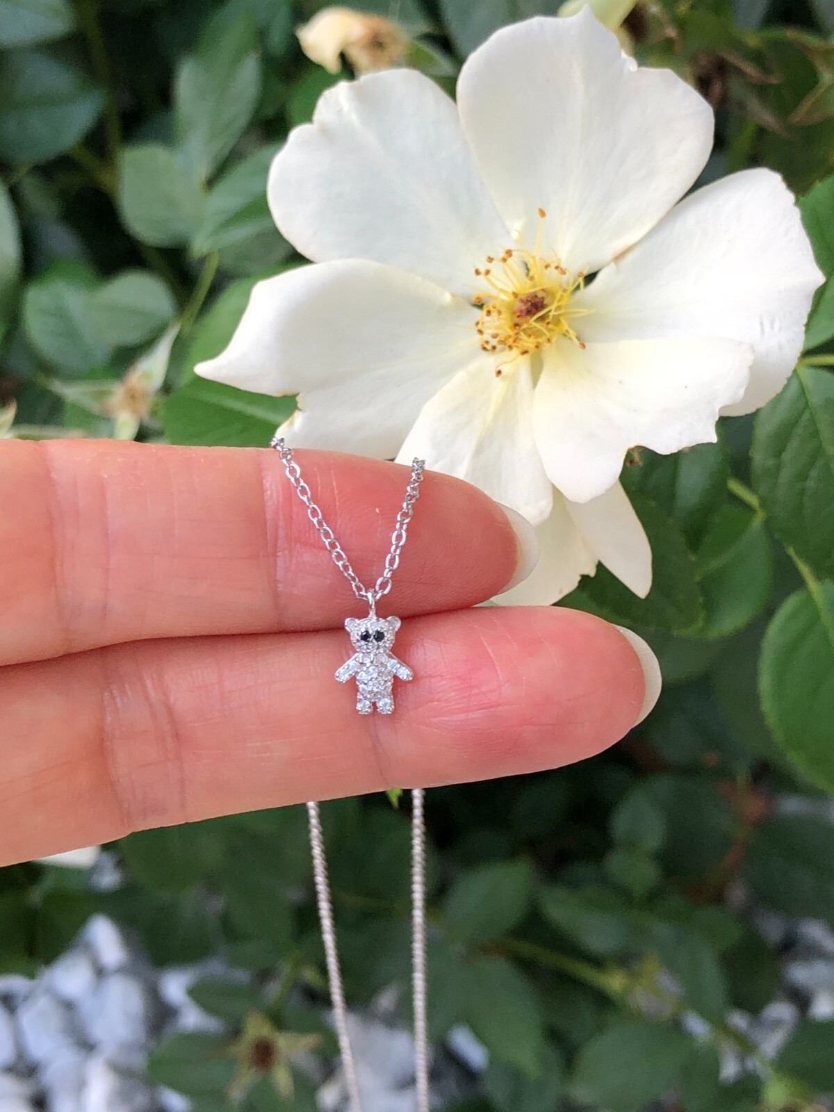 925 Sterling Silver CZ Teddy Bear Pendant Necklace Women Girls 7.5mm 18″ Dainty
