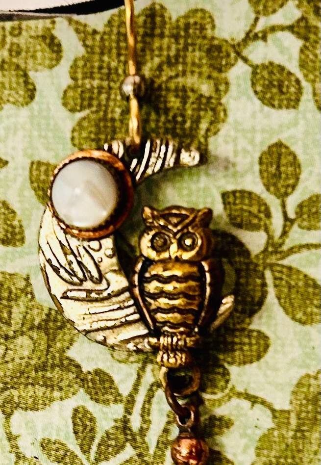 Articulated Owl Pendant Necklace, Silver Forest Moon Earrings, Boho Vintage Jewe