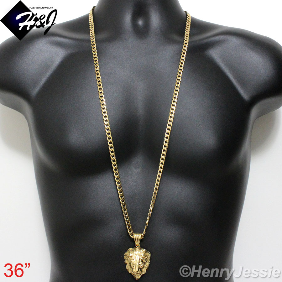18-40″MEN Stainless Steel 7mm Gold Plated Cuban Curb Chain 3D LION Pendant*GP50