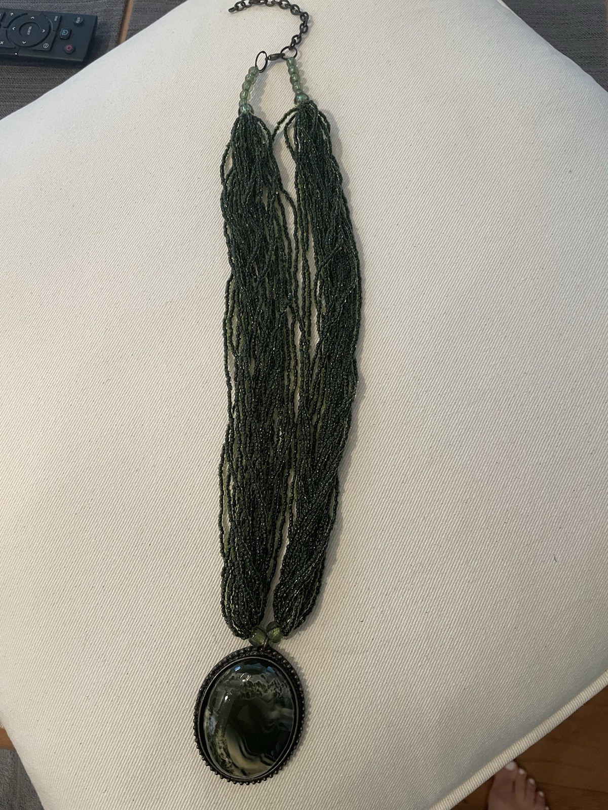 Necklace, Handmade Dark Green beads w/Medallion. 14″ with 3″ extender
