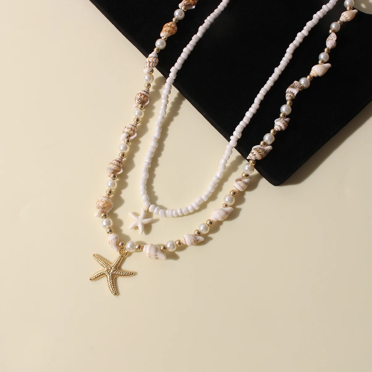 Boho Starfish Shell Beaded Necklace Set 2PCS Beach Pendant Choker for Women